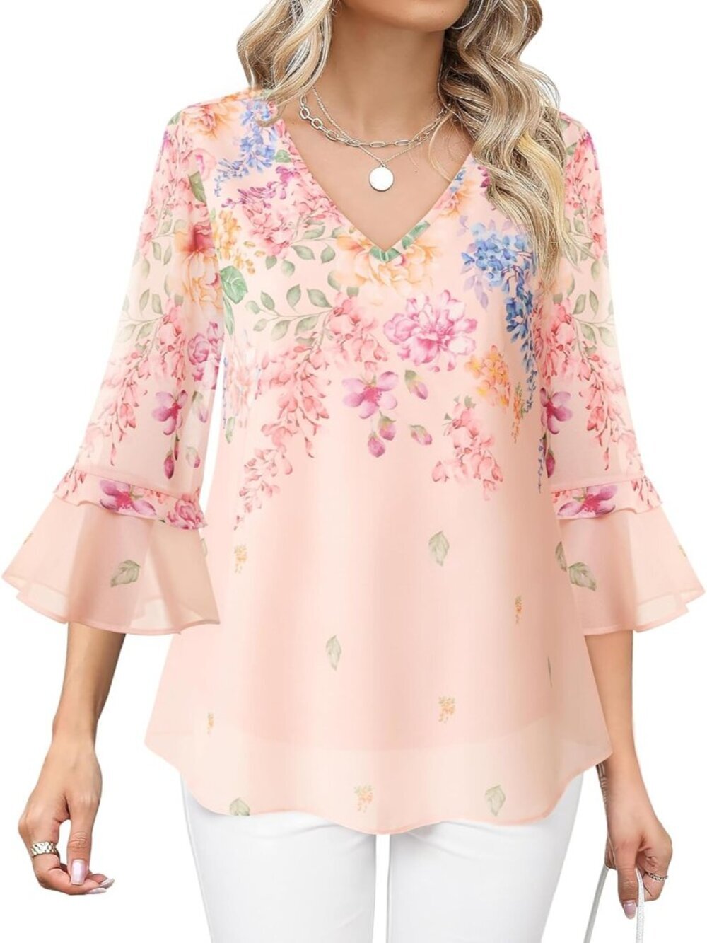 Women's Top Multi Casual Ruffle 3/4 Sleeves V Neck Floral Chiffon Blouses